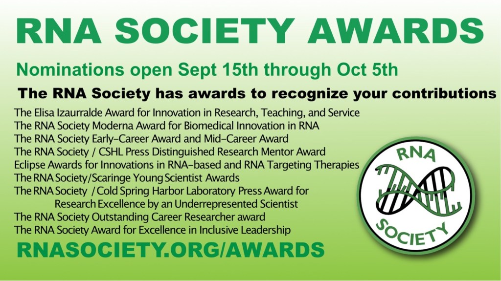 RNA Society Awards flyer listing the awards for students, postdocs, researchers and principal investigators.